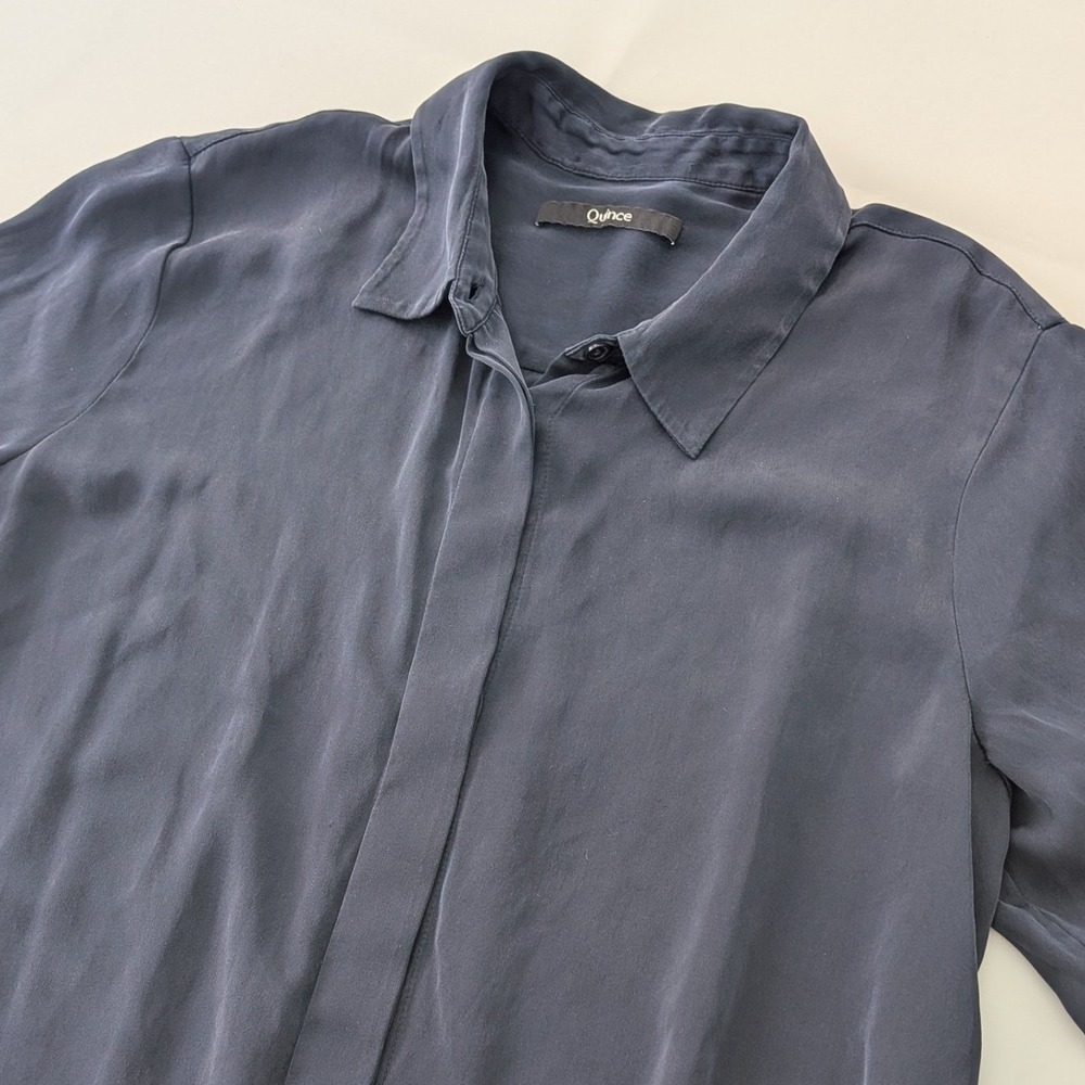 Quince Silk Stretch Shirt Dress Womens M Navy Blue Button Front Long Sleeve